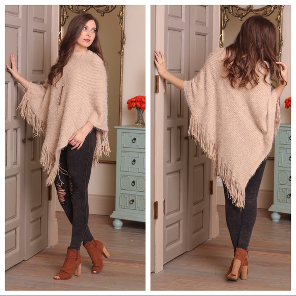 LAST ONE! Super Soft Khaki Knit  Fringe Poncho - Picture 2 of 3
